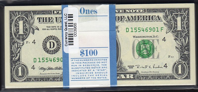 Fr.1921-D, 1995 $1 Cleveland FRN, D-F Block, Pack of 100, GemCU